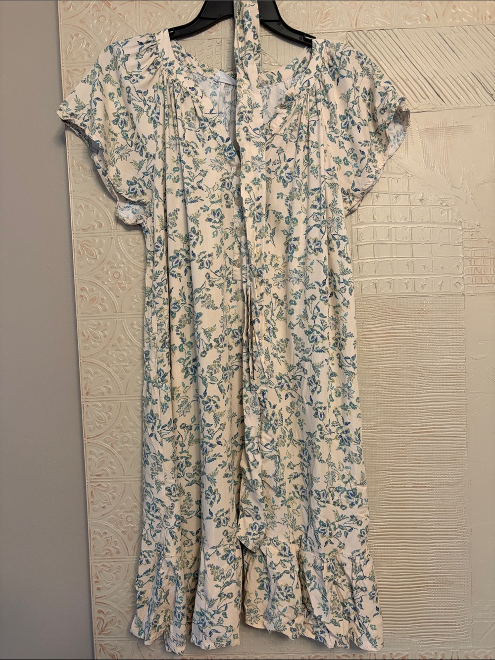 Lucky Brand Off-White Floral Button-Front Midi Dress with Ruffle Hem, size M
